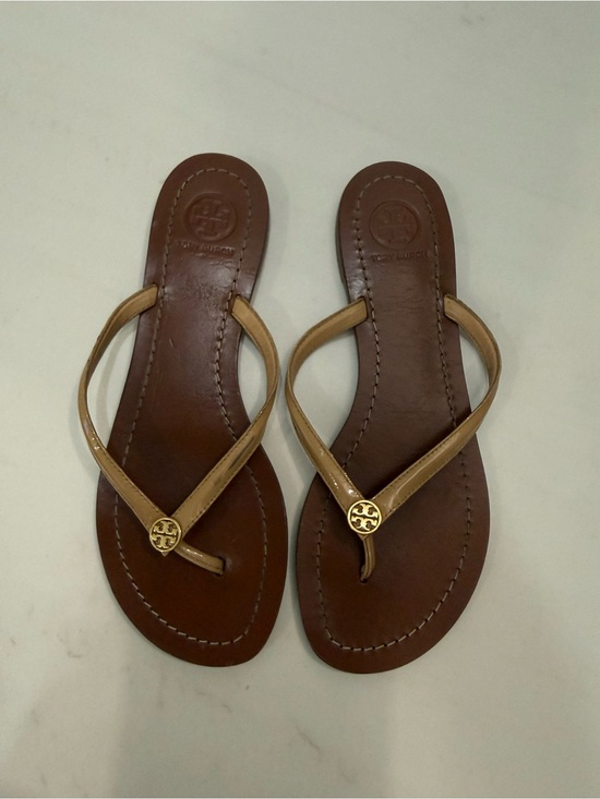 Tory Burch Shoes - Tory Burch Brown Footbed Tan Strap Logo Thong Sandals